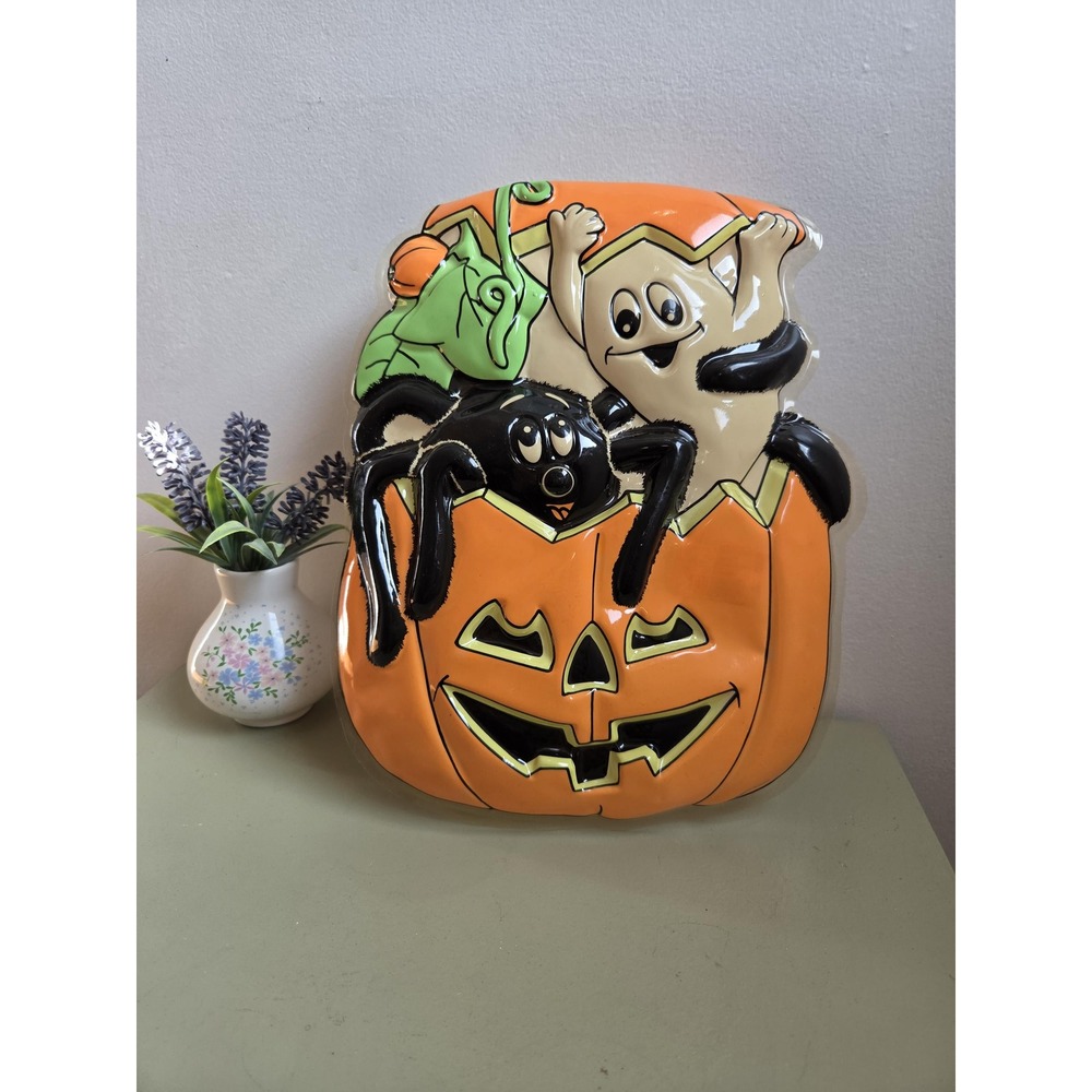 Vintage Halloween Blow Mold Wall Decor Ghost Spider Pumpkin 13"